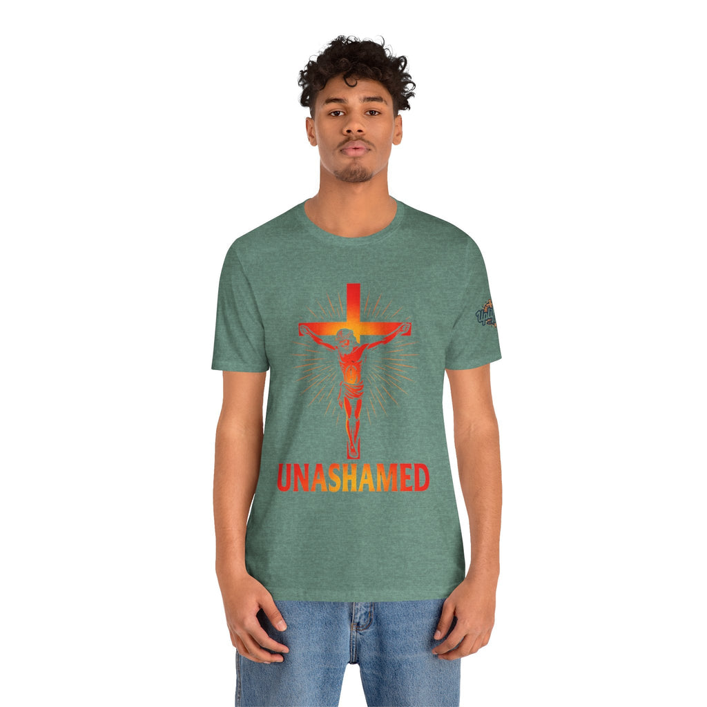 Unashamed T-shirt – Romans 1:16 Crucifixion Christian t-shirt for Bold Unwavering Faith Printify