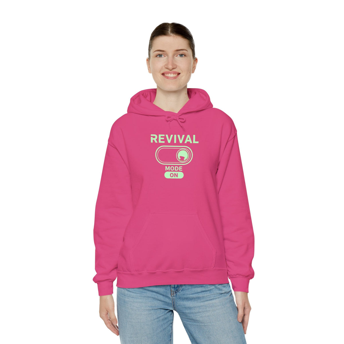 🔥 Revival Mode: ON – Christian Techwear Hoodie | Glowing Green Faith Switch | Futuristic Jesus Shirt | Activate Your Spiritual Awakening | Uplifted Gear Printify