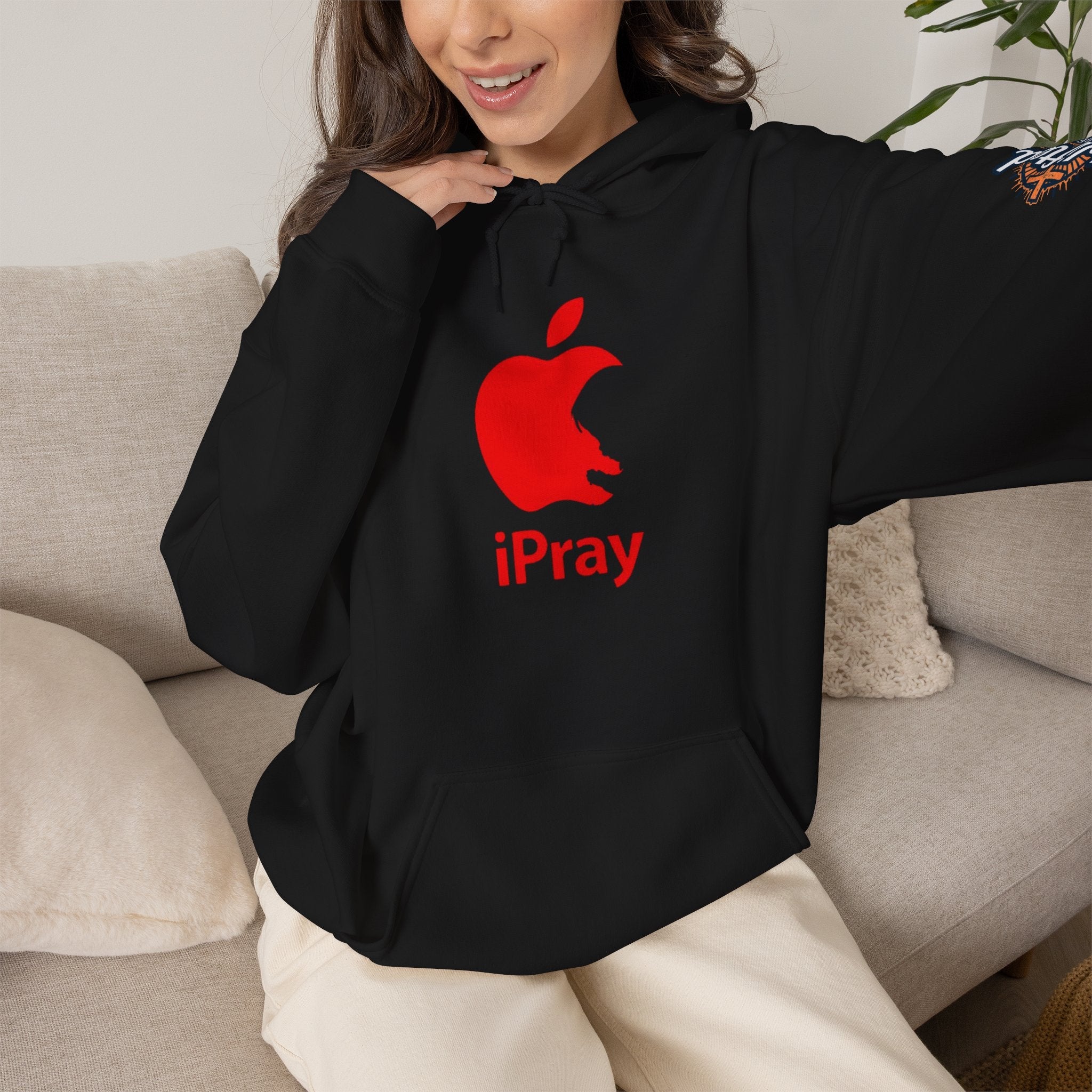 iPray Apple Logo Hoodie — Funny Christian Hoodie (Minimal Red Apple Graphic) Printify