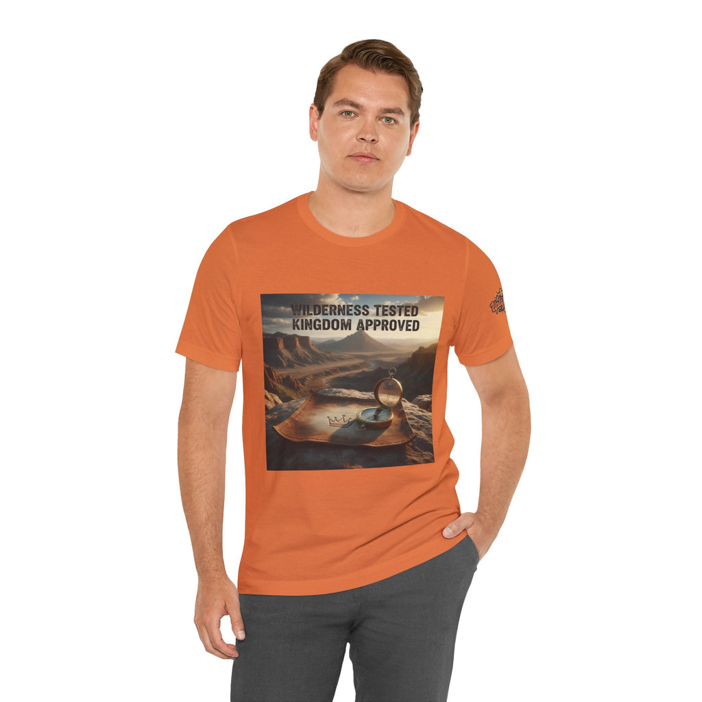 Wilderness Tested Kingdom Approved T-shirt – Mountain Desert Compass Crown Christian T-shirt for Biblical Adventure Faith Printify