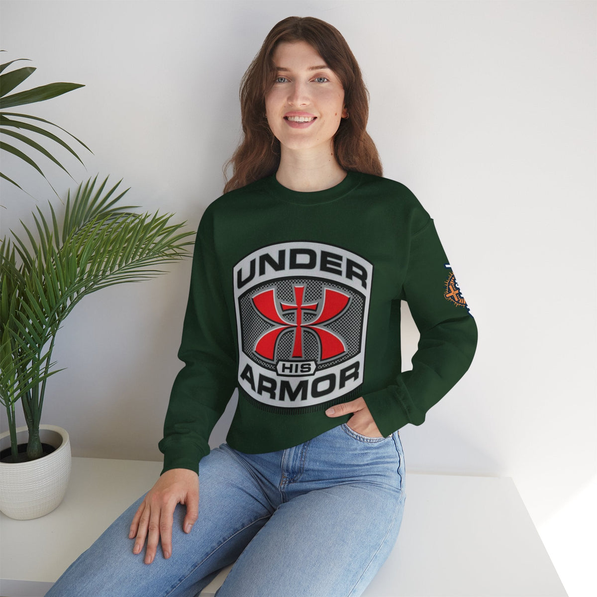 Under His Armor Crewneck Sweatshirt — Christian Faith Graphic Pullover Printify