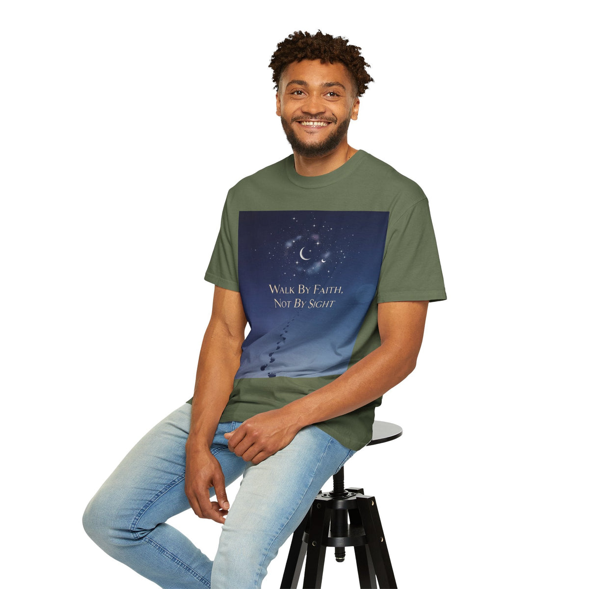 Walk by Faith, Not by Sight T-Shirt – Footprints in the Sand Christian Moonlit Tee Printify