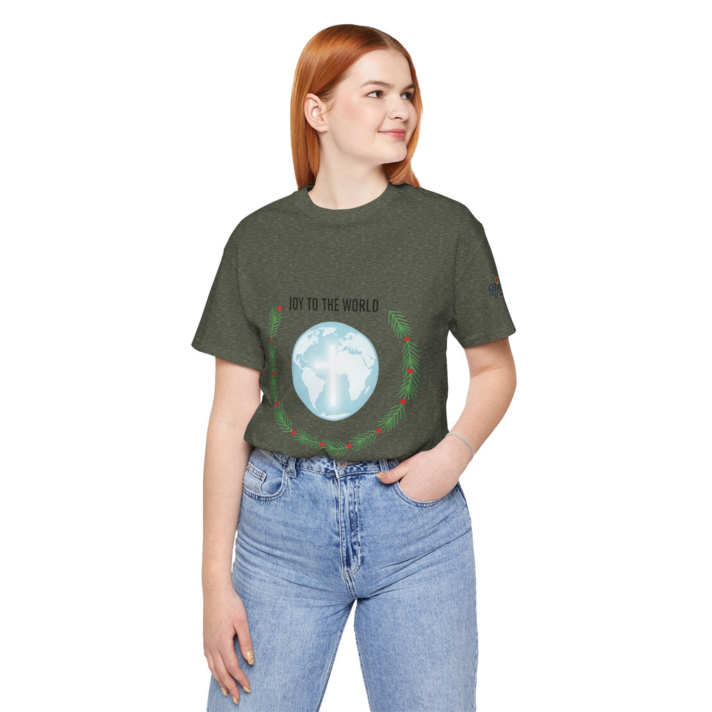 Joy to the World T-shirt – Wreath Earth Nativity Christian Christmas T-shirt for Isaiah 9:6 Holiday Faith & Festive Joy Printify