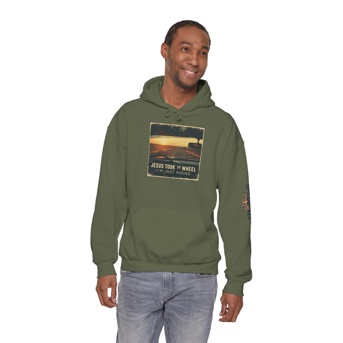 Jesus Took the Wheel I'm Just Riding Hoodie – Funny Christian Convertible Car Sweatshirt for Surrendered Faith & Humor Printify