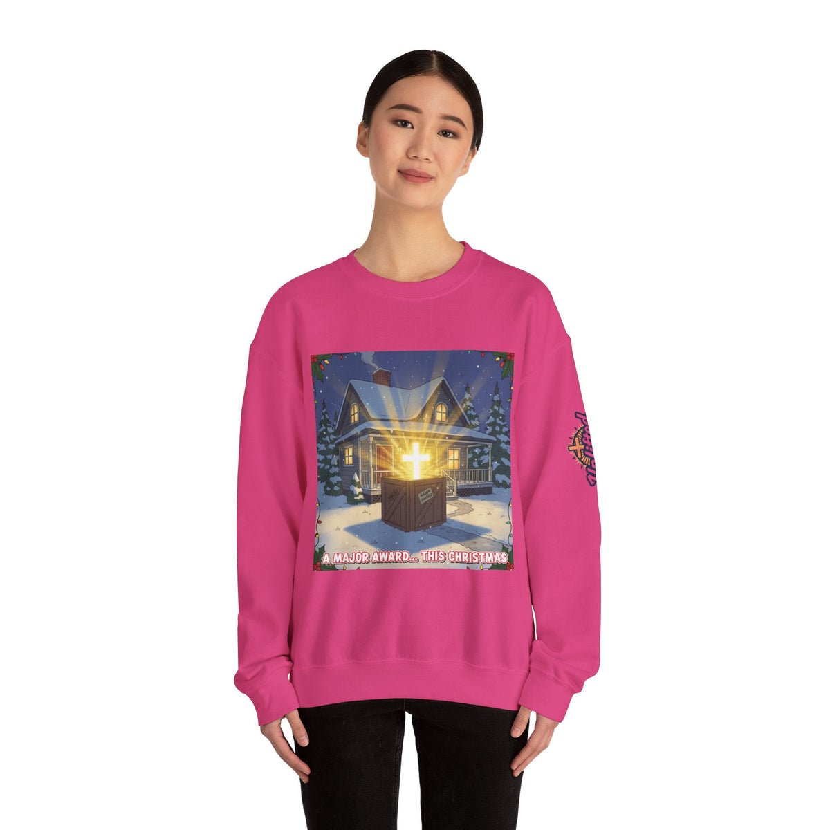 A Major Award This Christmas Sweatshirt – Fragile Leg Lamp Parody Cross Unboxing Christian Sweatshirt for Hilarious Faith & Holiday Glow Printify