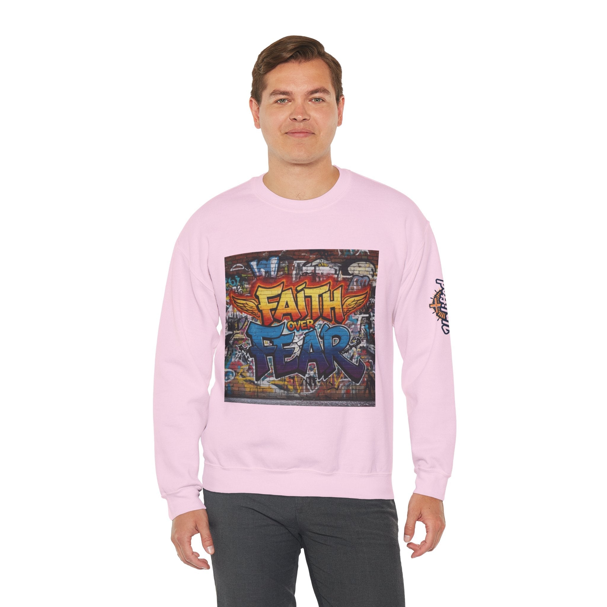 Faith Over Fear Sweatshirt – Graffiti Wall Christian Sweatshirt for Bold 2 Corinthians 5:7 Streetwear & Unshakable Faith Printify