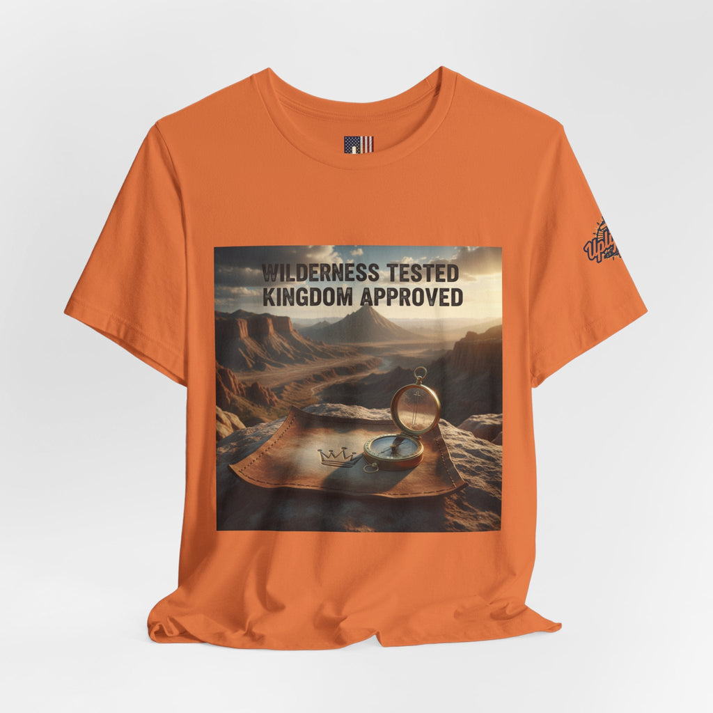 Wilderness Tested Kingdom Approved T-shirt – Mountain Desert Compass Crown Christian T-shirt for Biblical Adventure Faith Printify