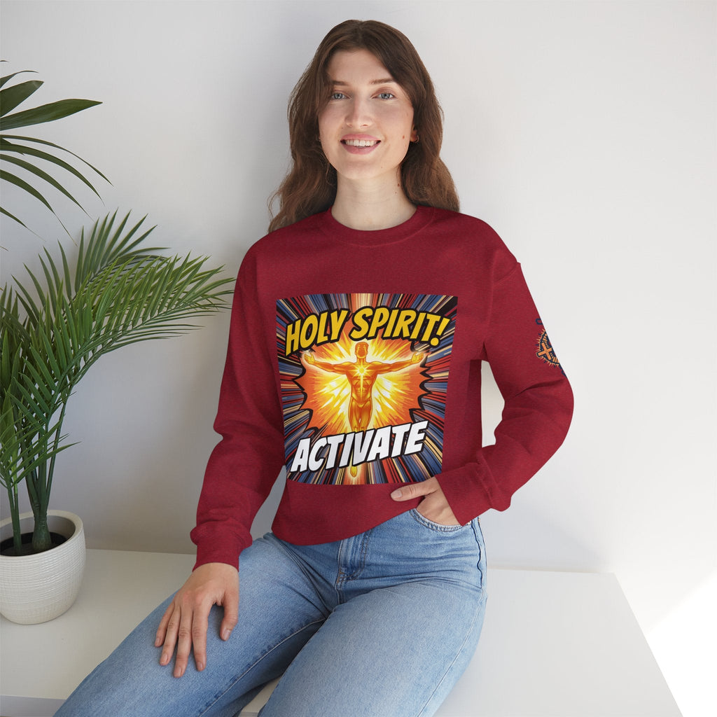 Holy Spirit Activate Sweatshirt – Superhero Christian Sweatshirt with Vibrant Power-Up Design for Faith-Fueled Boldness Printify