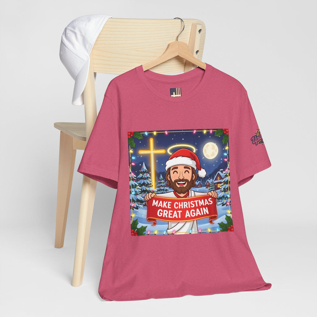 🎄 Make Christmas Great Again – Funny Christian T-Shirt | Jesus Holding Banner | Faith-Based Holiday Parody Tee | Uplifted Gear Printify