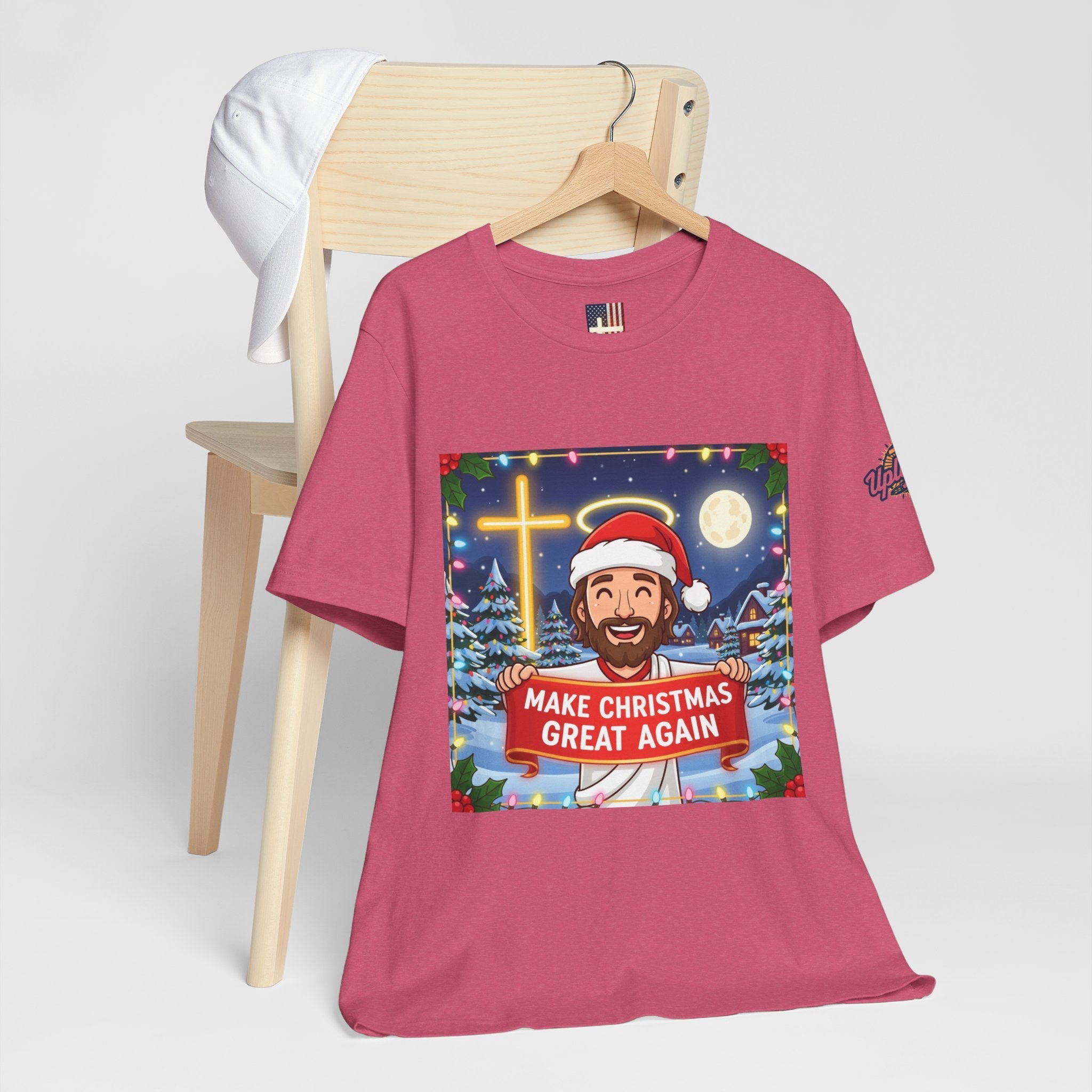 🎄 Make Christmas Great Again – Funny Christian T-Shirt | Jesus Holding Banner | Faith-Based Holiday Parody Tee | Uplifted Gear Printify