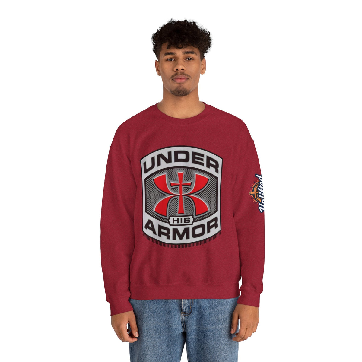 Under His Armor Crewneck Sweatshirt — Christian Faith Graphic Pullover Printify