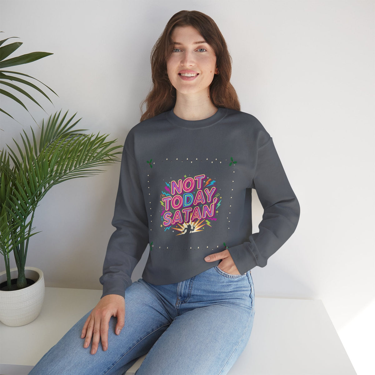 🔥 Not Today, Satan – Retro 90s Christian Sweatshirt | Neon Faith Tee | Funky Cartoon Devil | Bold Bible Verse Shirt | Uplifted Gear Printify