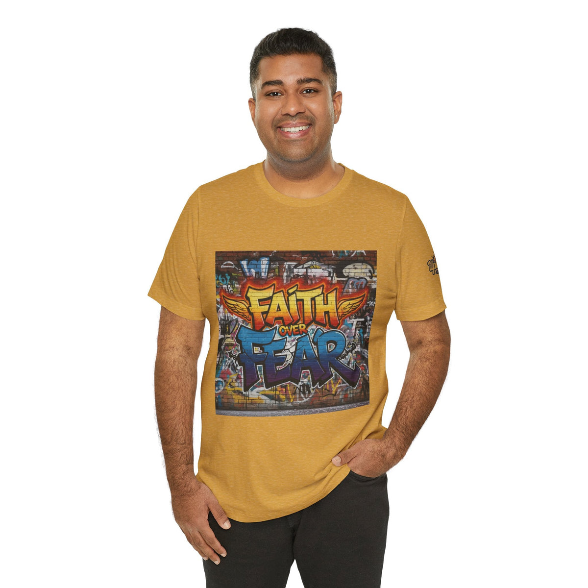 Faith Over Fear T-shirt – Graffiti Wall Christian T-shirt for Bold 2 Corinthians 5:7 Streetwear & Unshakable Faith Printify