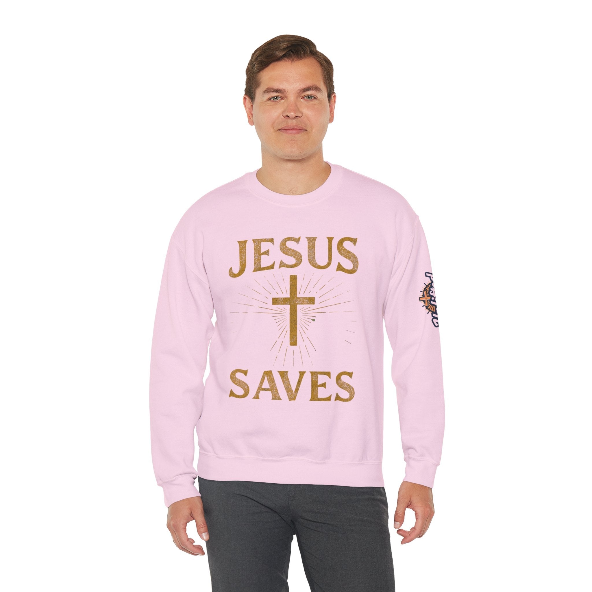 Jesus Saves Sweatshirt – Radiant Cross & Rays of Light Christian Sweatshirt for Eternal Hope & Faith Printify