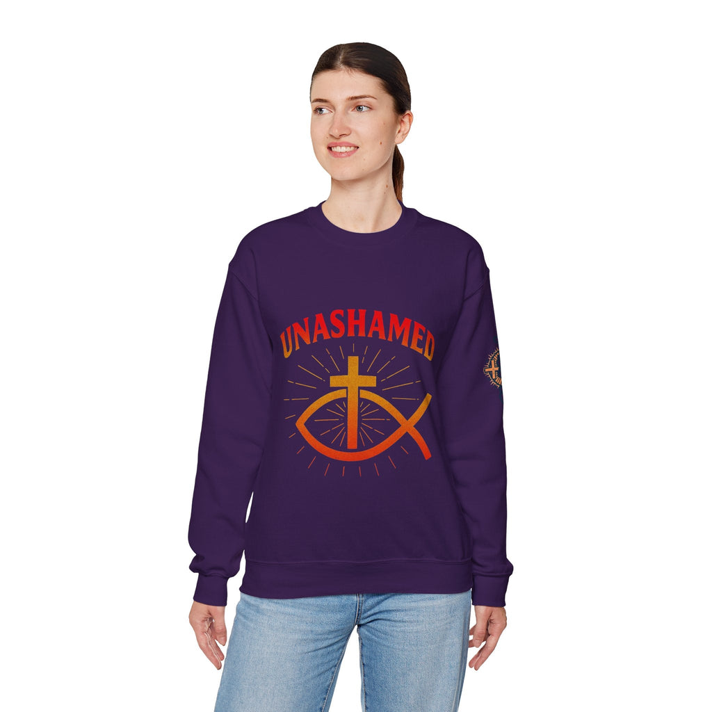 Unashamed Sweatshirt – Ichthys Jesus Fish & Cross Christian Sweatshirt for Romans 1:16 Bold Faith Printify