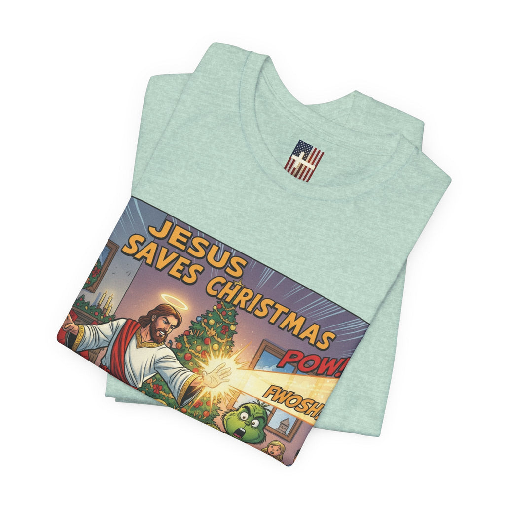 Jesus Saves Christmas T-shirt – Grinch vs Savior Light Battle Christian T-shirt for Hilarious Holiday Faith & True Joy Printify
