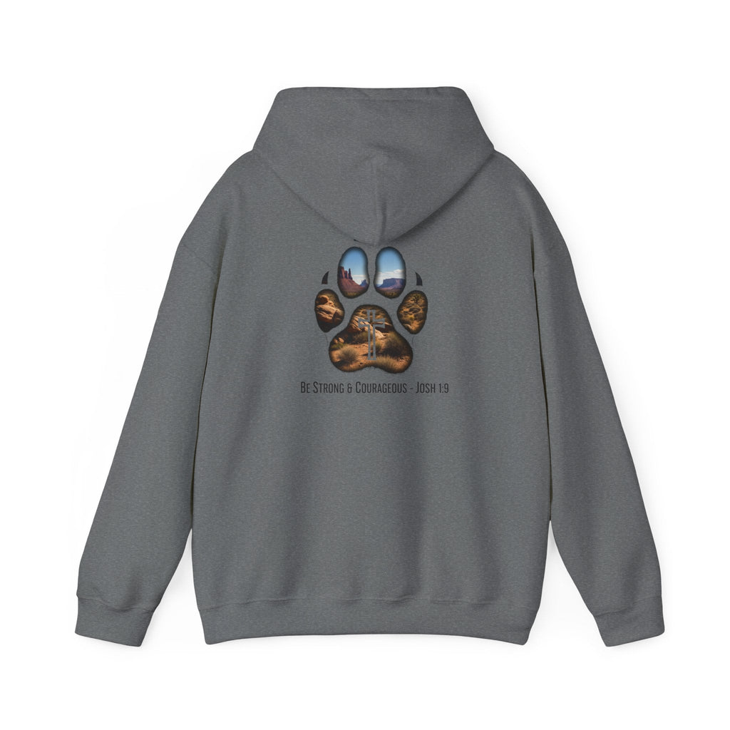 Strong and Courageous Hoodie – Joshua 1:9 Canine Pawprint Desert Christian Hoodie for Dog Lovers Printify