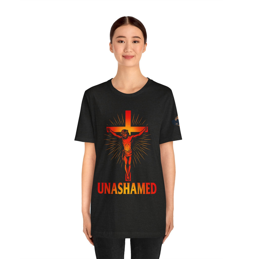 Unashamed T-shirt – Romans 1:16 Crucifixion Christian t-shirt for Bold Unwavering Faith Printify