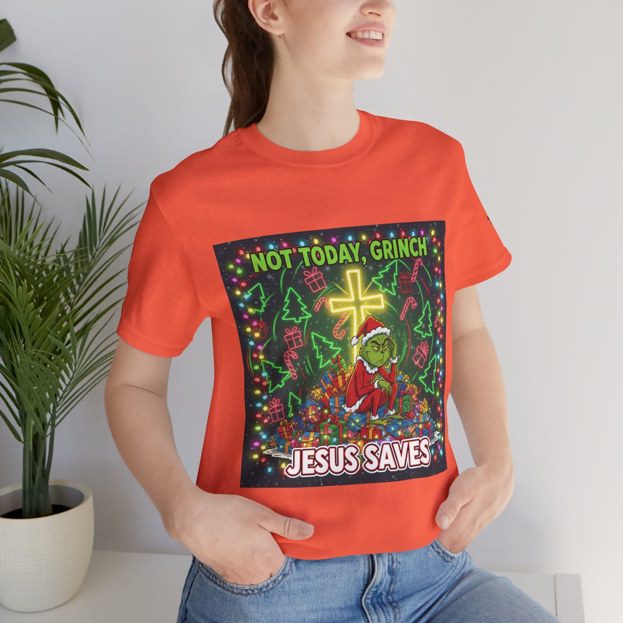 🎄 Not Today, Grinch – Jesus Saves | Funny Christian Christmas T-Shirt | Festive Green & Red Cartoon Style | Bold Faith Holiday Tee by Uplifted Gear Printify