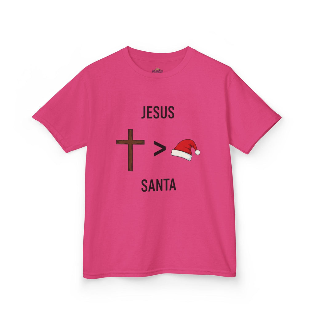 🎄 Jesus > Santa – Minimalist Christian Christmas Kids T-Shirt | Bold Faith Over Holiday Tee | Cross vs Santa Hat Design | Uplifted Gear Printify