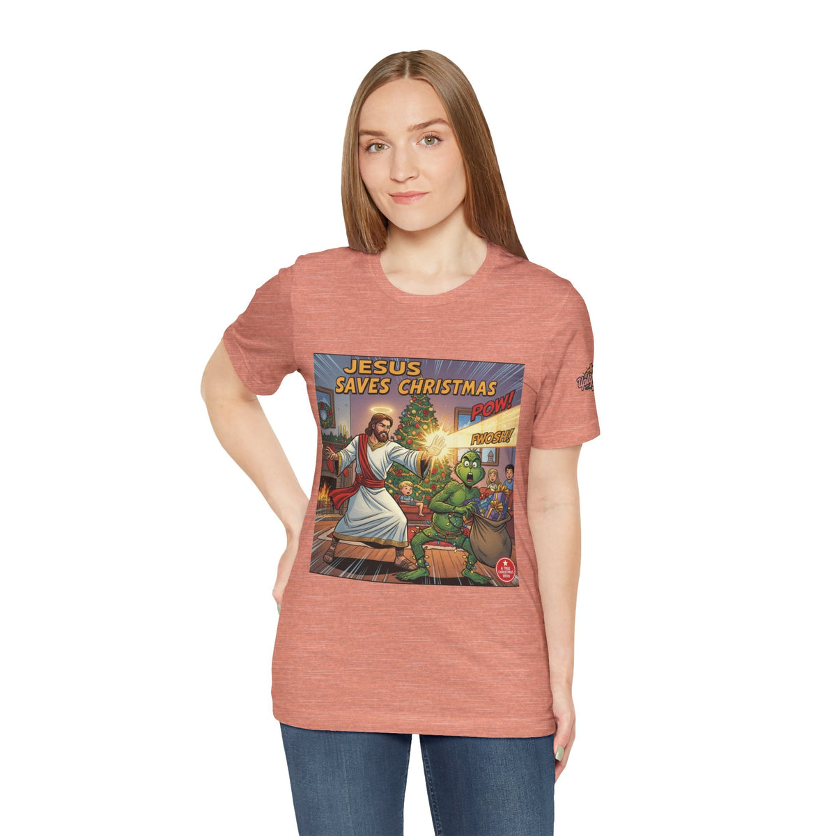 Jesus Saves Christmas T-shirt – Grinch vs Savior Light Battle Christian T-shirt for Hilarious Holiday Faith & True Joy Printify