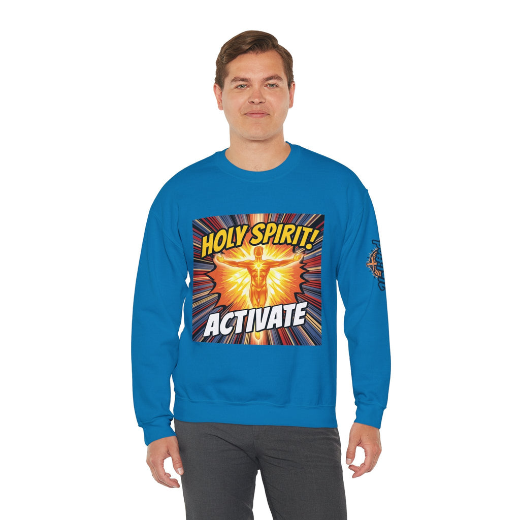 Holy Spirit Activate Sweatshirt – Superhero Christian Sweatshirt with Vibrant Power-Up Design for Faith-Fueled Boldness Printify