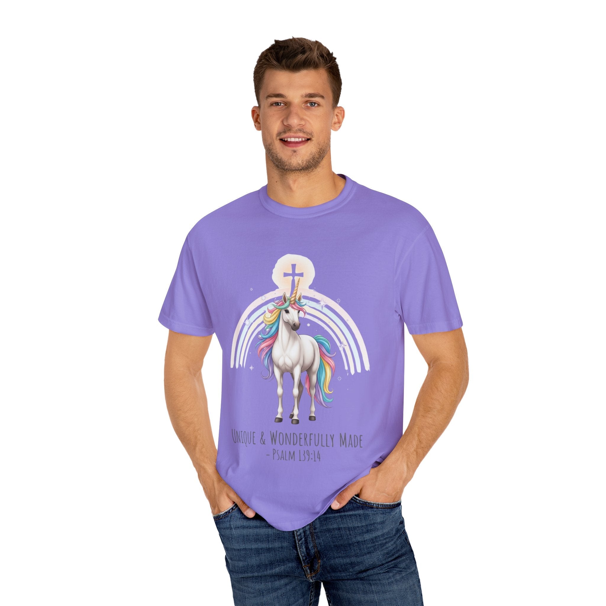 Unique Unicorn Christian T-Shirt – Wonderfully Made with Rainbow Cross & Psalm 139:14 Printify
