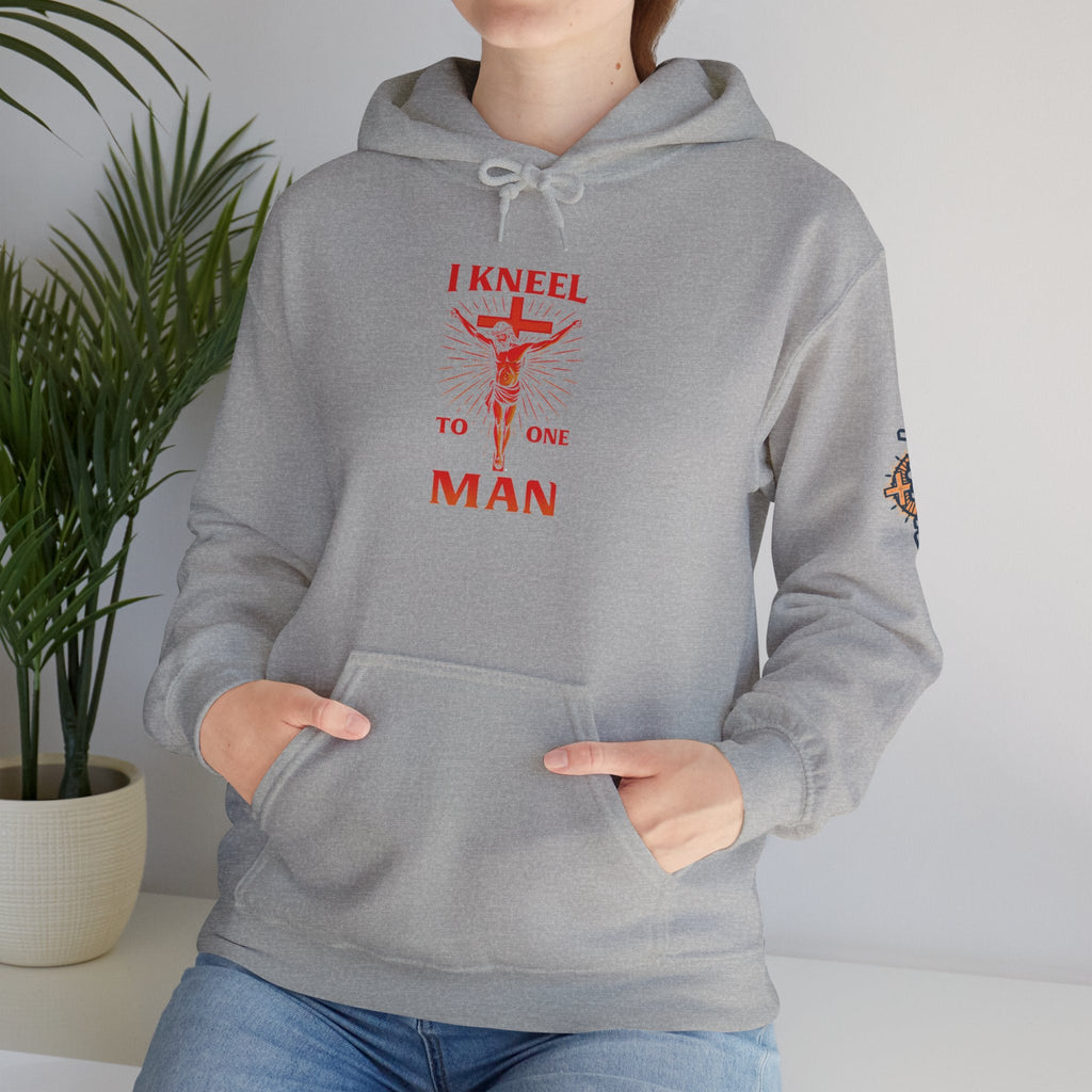 I Kneel to One Man Hoodie – Crucifixion Christian Sweatshirt for Unashamed Devotion & Bold Faith Printify