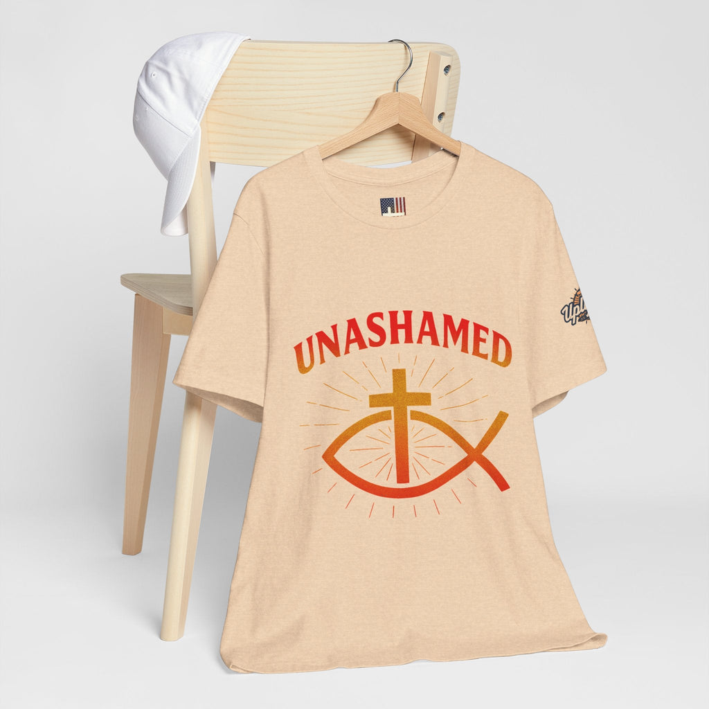 Unashamed T-shirt – Ichthys Jesus Fish & Cross Christian T-shirt for Romans 1:16 Bold Faith Printify