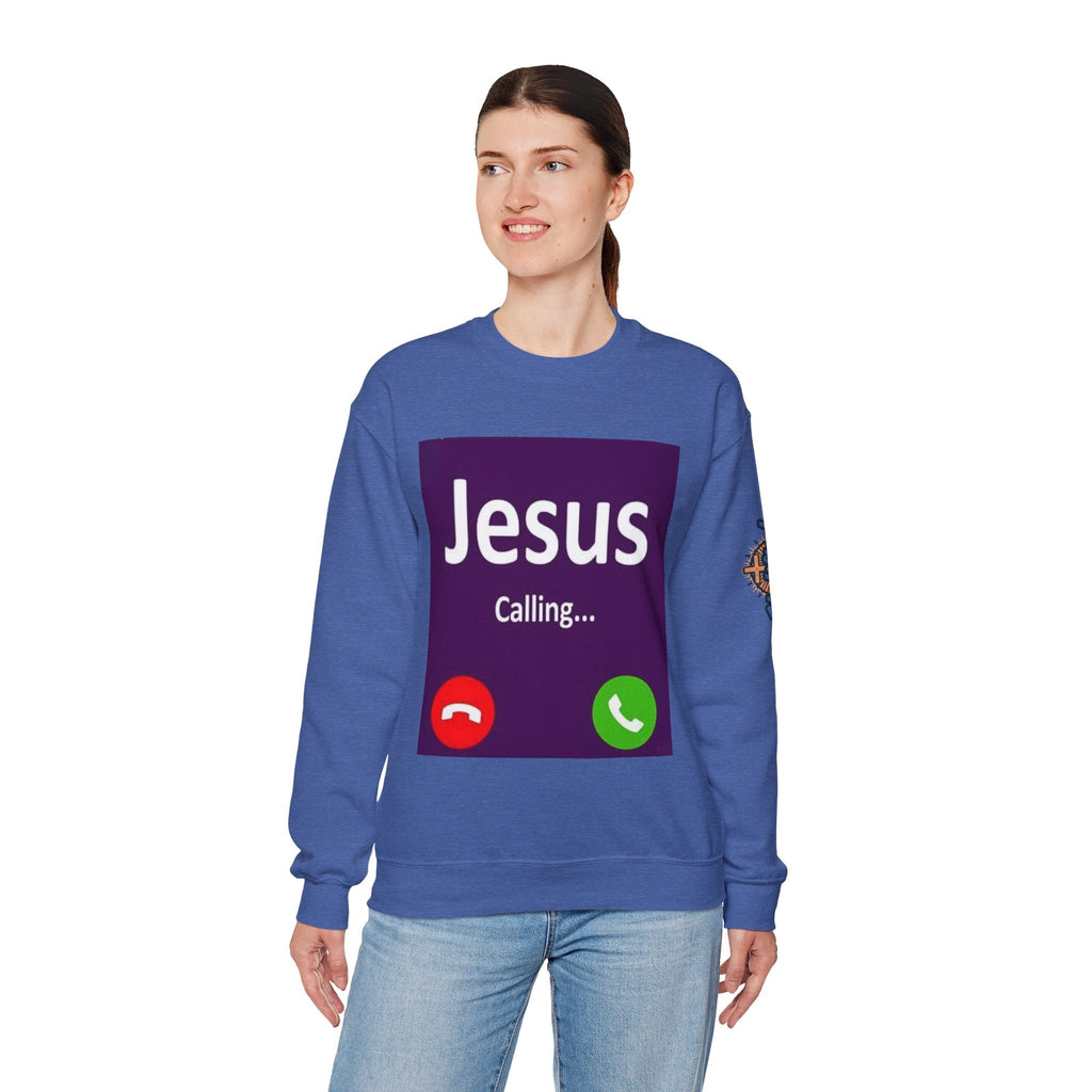 Jesus Calling Sweatshirt – Funny Cell Phone Screen Christian Sweatshirt for Divine Connection & Faith Humor Printify