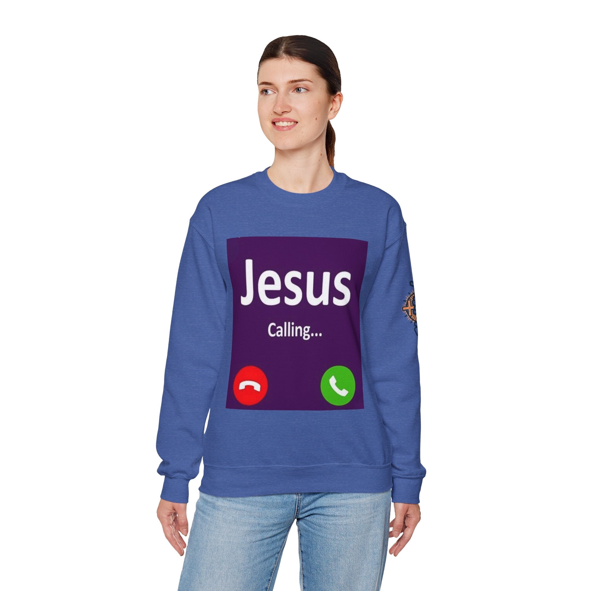 Jesus Calling Sweatshirt – Funny Cell Phone Screen Christian Sweatshirt for Divine Connection & Faith Humor Printify