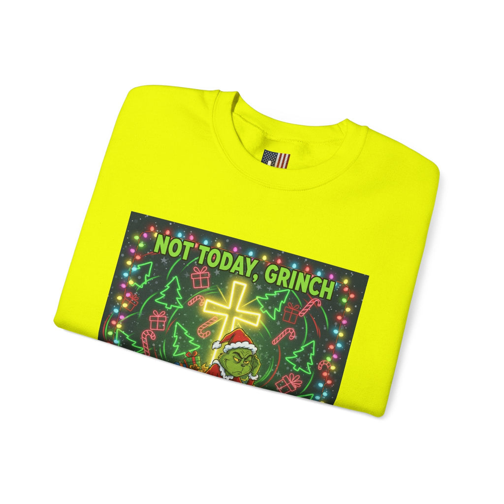 🎄 Not Today, Grinch – Jesus Saves | Funny Christian Christmas Sweatshirt | Festive Green & Red Cartoon Style | Bold Faith Holiday Tee by Uplifted Gear Printify