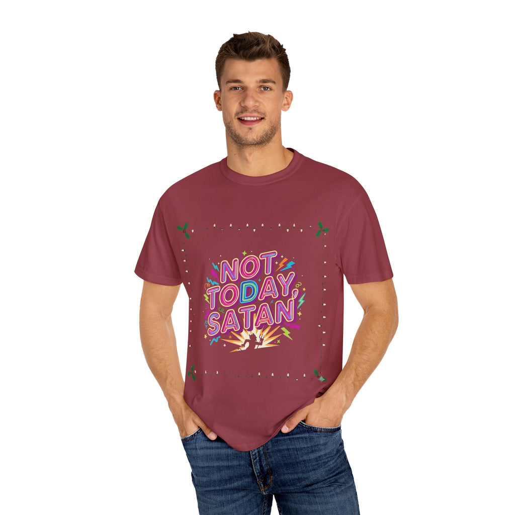 🔥 Not Today, Satan – Retro 90s Christian T-Shirt | Neon Faith Tee | Funky Cartoon Devil | Bold Bible Verse Shirt | Uplifted Gear Printify