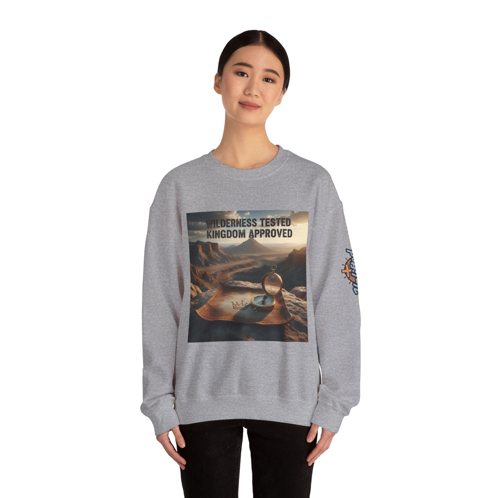 Wilderness Tested Kingdom Approved Sweatshirt – Mountain Desert Compass Crown Christian Sweatshirt for Biblical Adventure Faith Printify