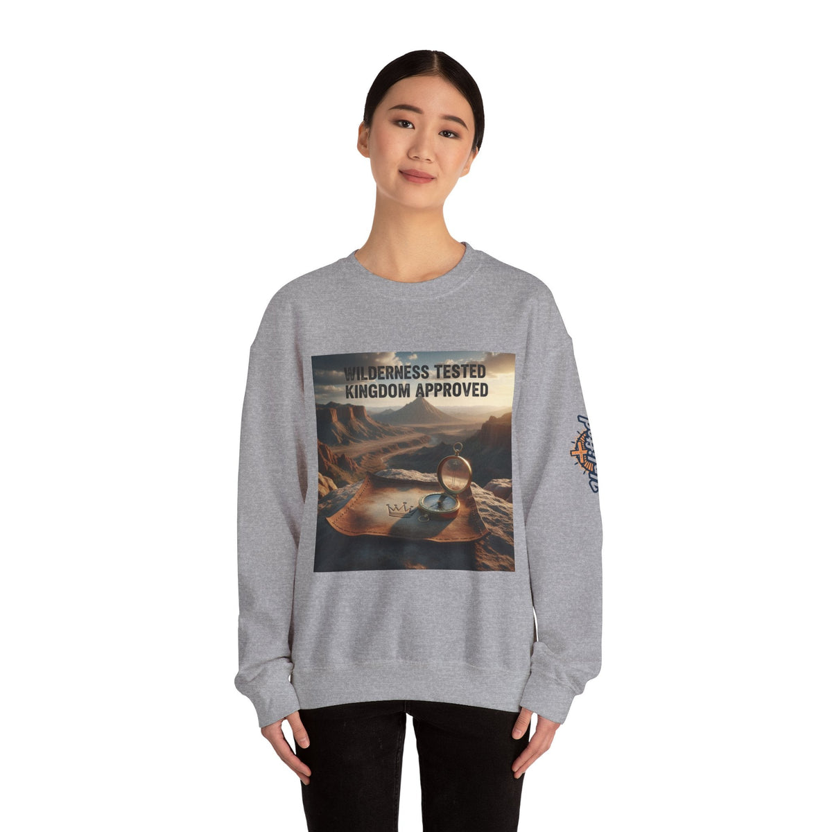 Wilderness Tested Kingdom Approved Sweatshirt – Mountain Desert Compass Crown Christian Sweatshirt for Biblical Adventure Faith Printify