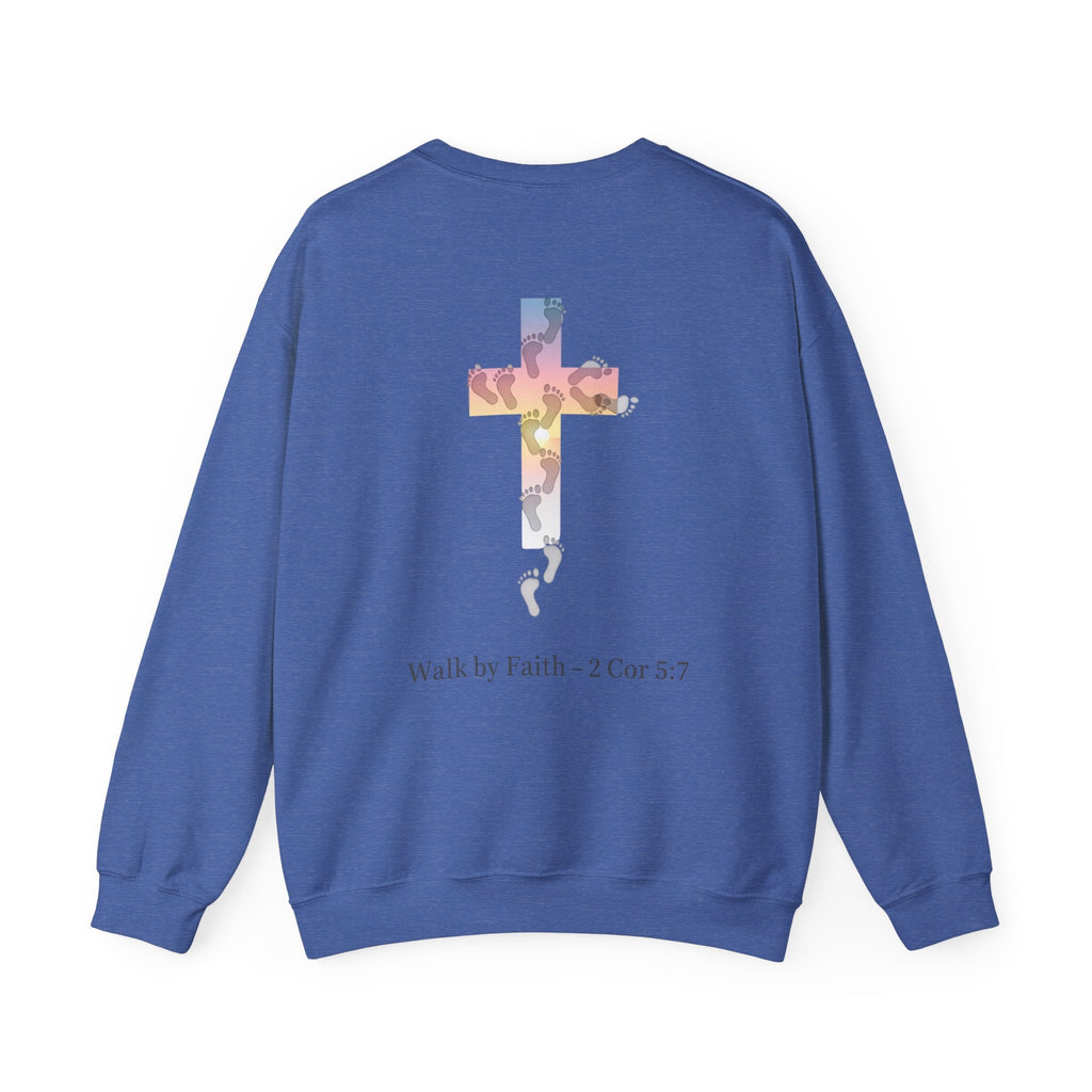 Walk by Faith Sweatshirt – Cross & Footprints Christian Sweatshirt for Cozy Inspiration Printify