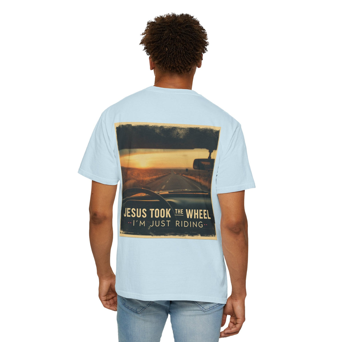 Jesus Took the Wheel I'm Just Riding T-shirt – Funny Christian Convertible Car T-shirt for Surrendered Faith & Humor Printify