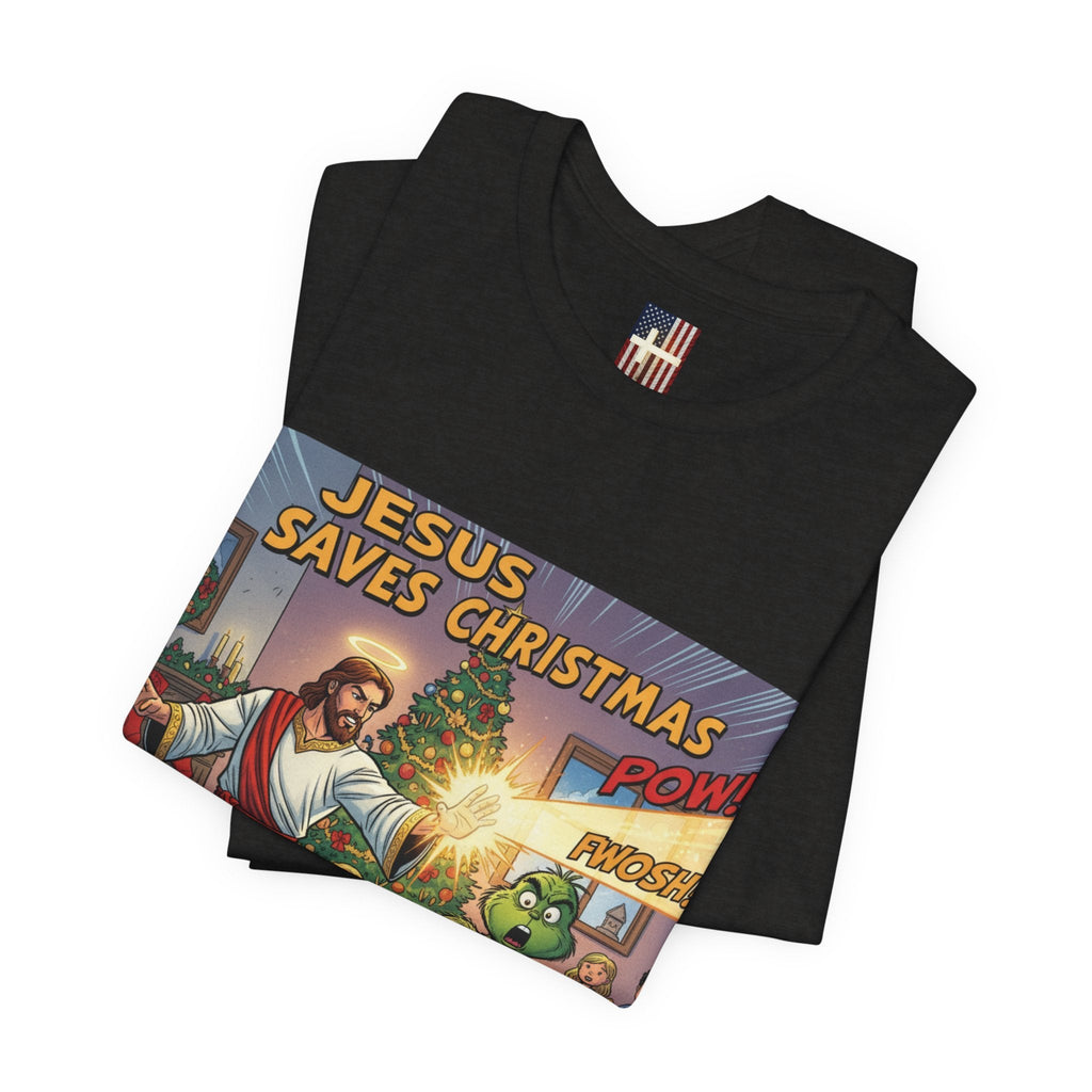 Jesus Saves Christmas T-shirt – Grinch vs Savior Light Battle Christian T-shirt for Hilarious Holiday Faith & True Joy Printify