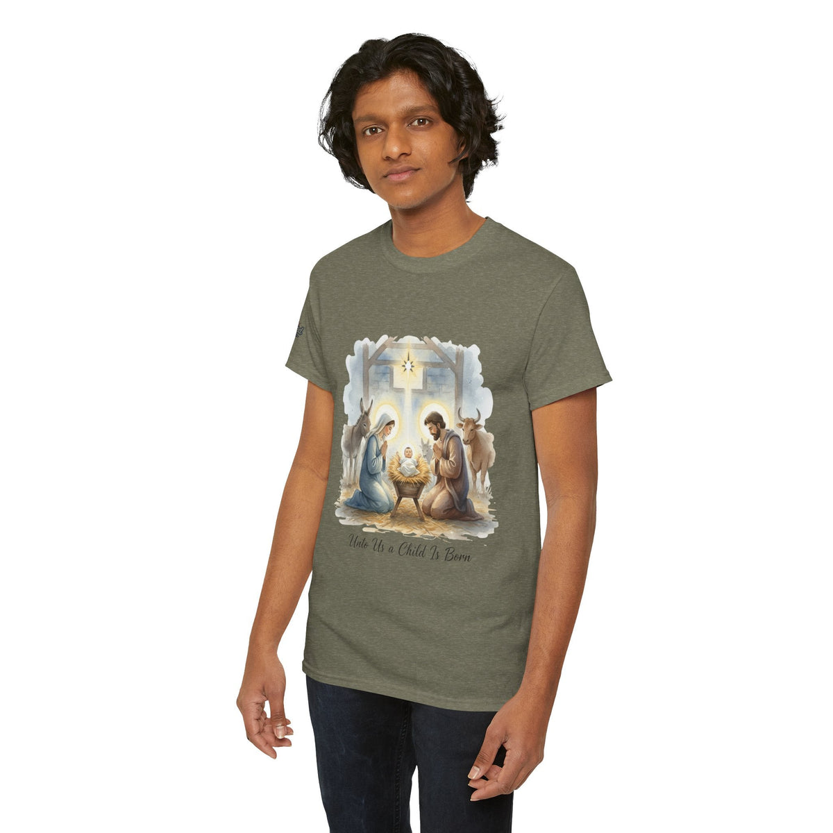 Unto Us a Child is Born T-shirt – Isaiah 9:6 Nativity Manger Scene Christian Christmas T-shirt for Holy Night Faith Printify
