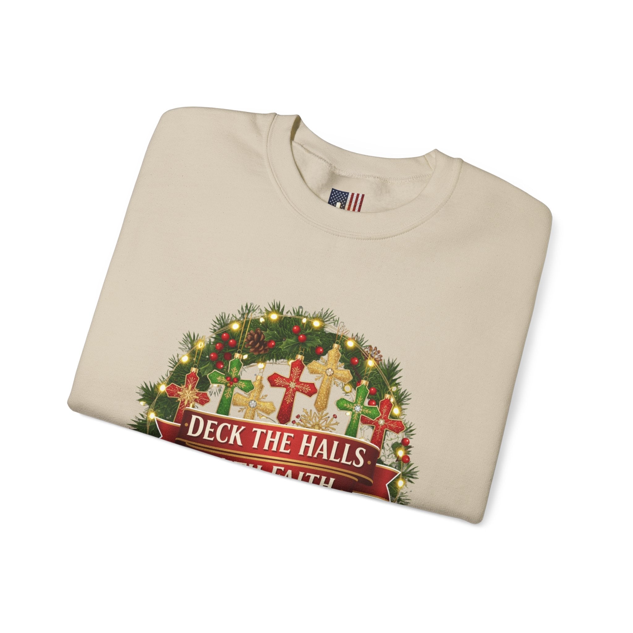 🎄 Deck the Halls with Faith – Christian Christmas Sweatshirt | Cross Ornament Design & Festive Garland | Bold Holiday Faith Tee by Uplifted Gear Printify