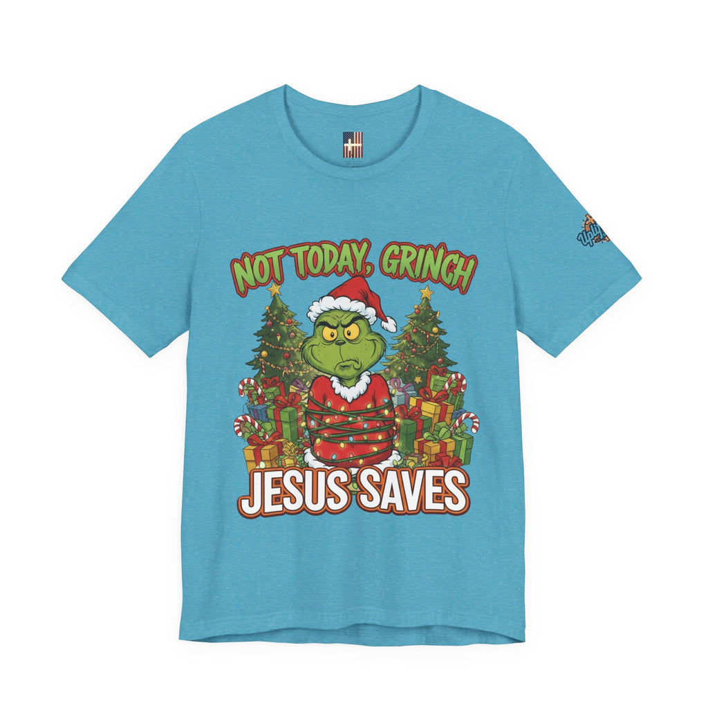 🎄 Not Today, Grinch – Jesus Saves | Funny Christian Christmas T-Shirt | Sulking Grinch & Glowing Cross | Bold Neon Faith Tee by Uplifted Gear Printify
