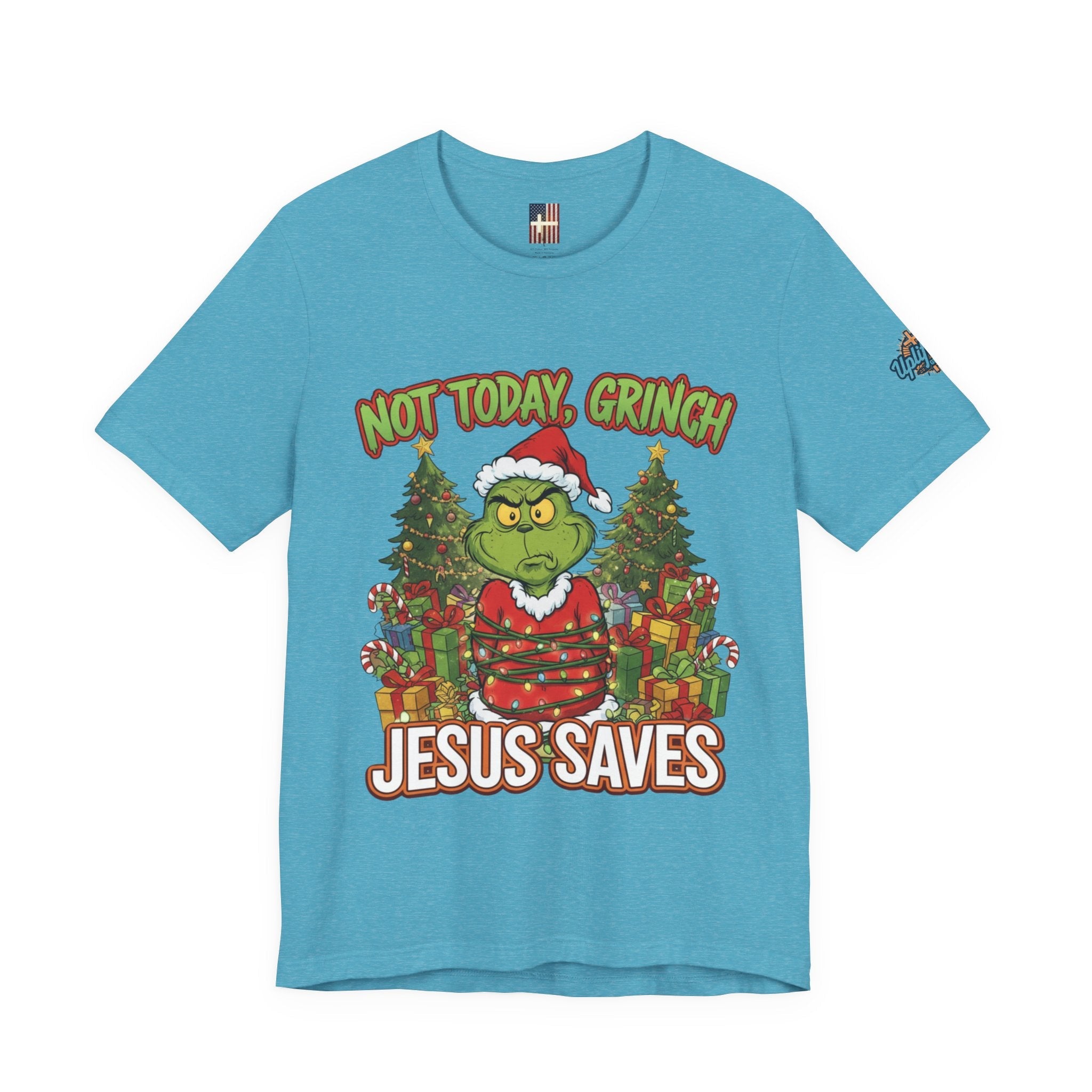 🎄 Not Today, Grinch – Jesus Saves | Funny Christian Christmas T-Shirt | Sulking Grinch & Glowing Cross | Bold Neon Faith Tee by Uplifted Gear Printify