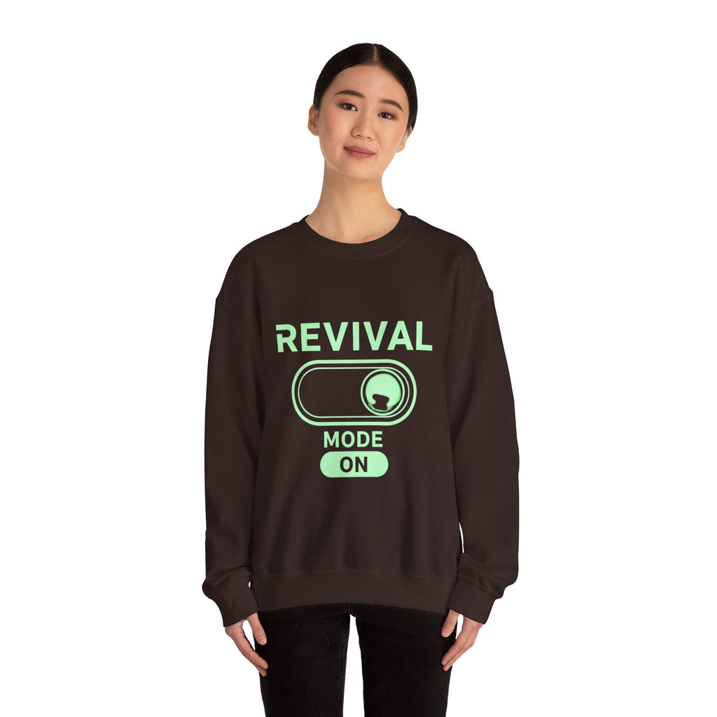 🔥 Revival Mode: ON – Christian Techwear Sweatshirt | Glowing Green Faith Switch | Futuristic Jesus Shirt | Activate Your Spiritual Awakening | Uplifted Gear Printify