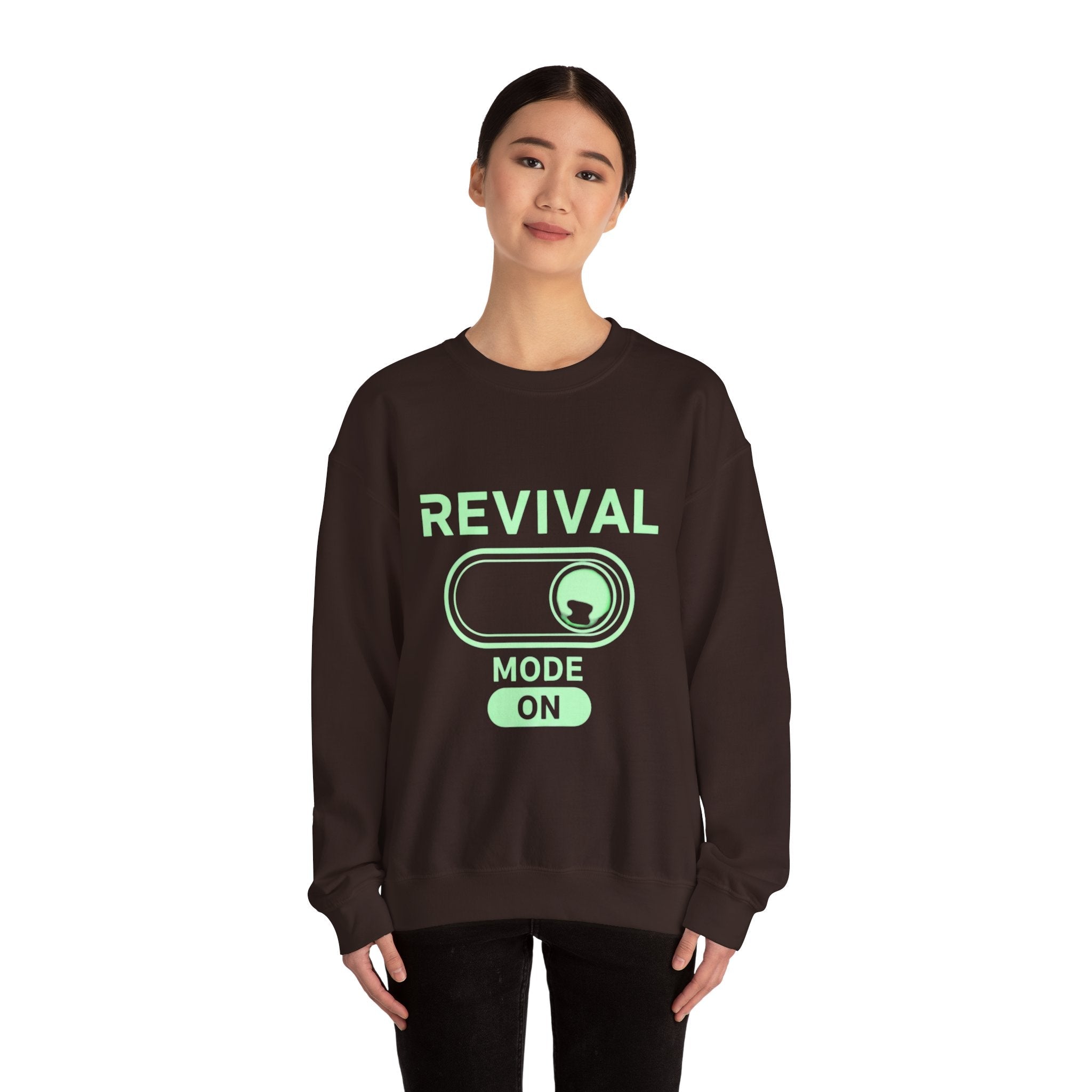 🔥 Revival Mode: ON – Christian Techwear Sweatshirt | Glowing Green Faith Switch | Futuristic Jesus Shirt | Activate Your Spiritual Awakening | Uplifted Gear Printify