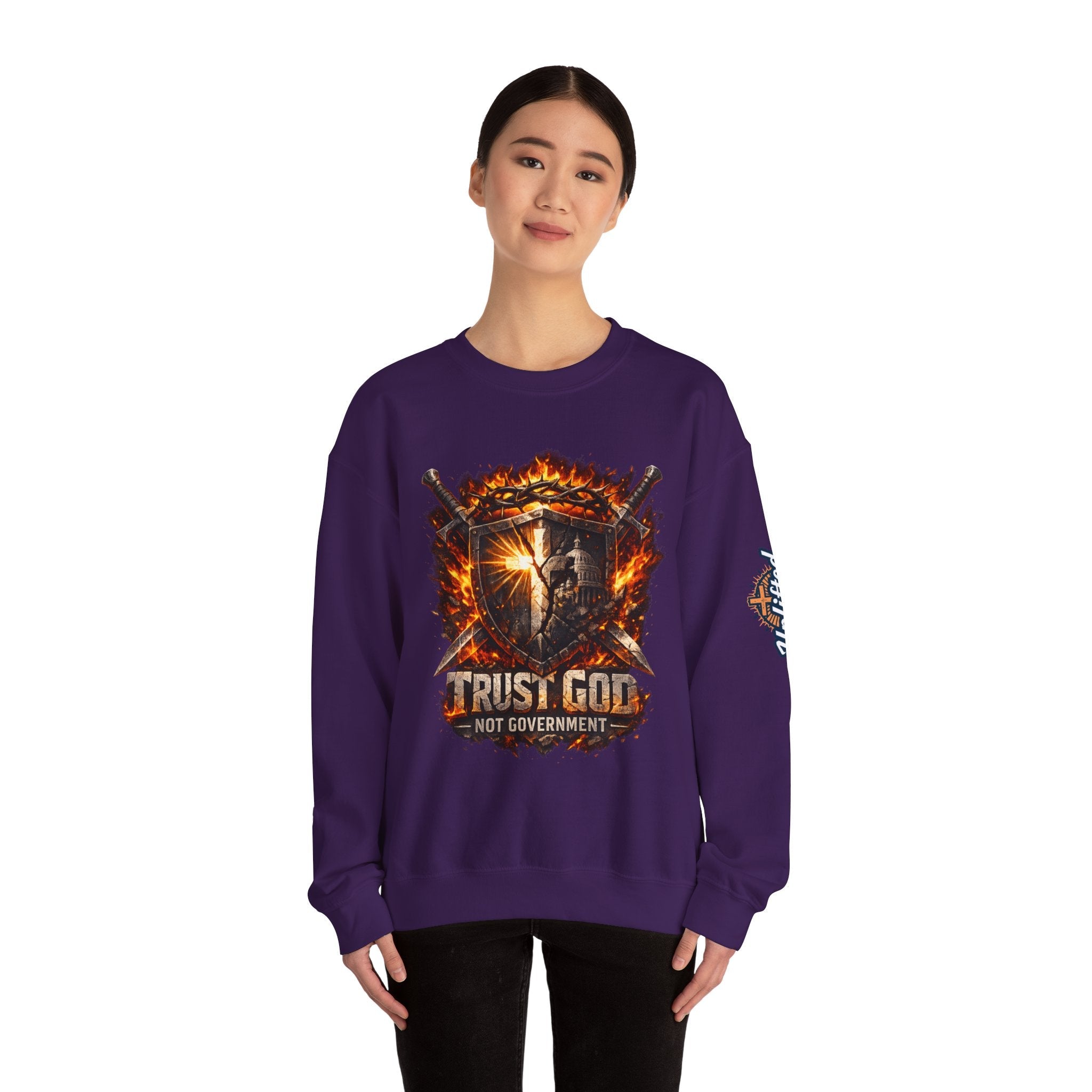 Trust God Not Government Shield Sweatshirt — Patriotic Christian Faith Sweatshirt Printify