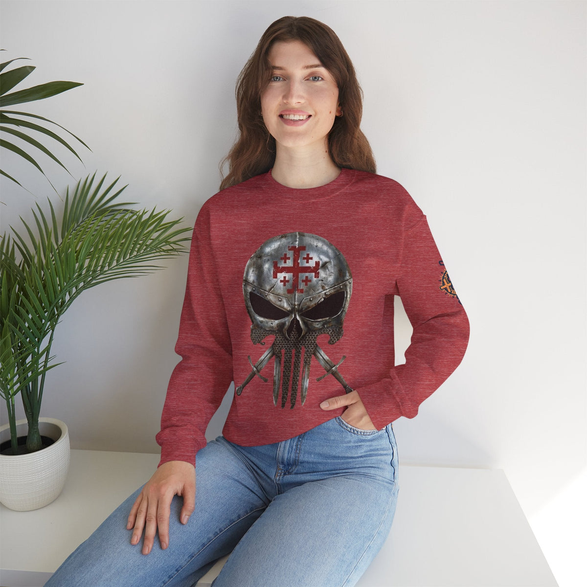 Crusader Knight Christian Skull Sweatshirt - Warrior Armor of God Sweatshirt Printify