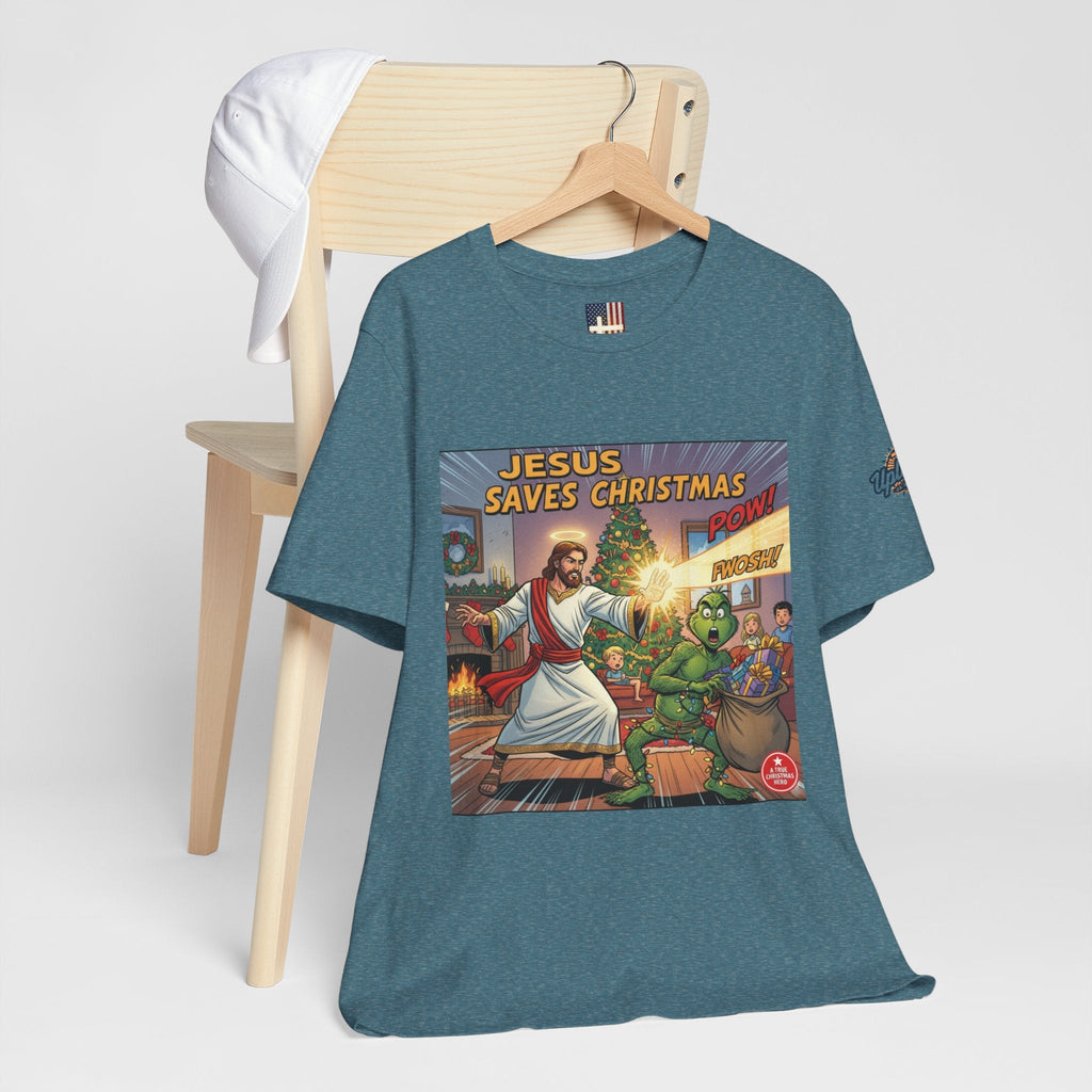 Jesus Saves Christmas T-shirt – Grinch vs Savior Light Battle Christian T-shirt for Hilarious Holiday Faith & True Joy Printify
