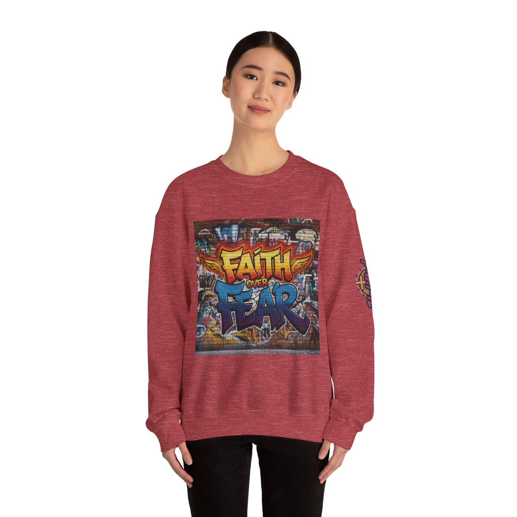 Faith Over Fear Sweatshirt – Graffiti Wall Christian Sweatshirt for Bold 2 Corinthians 5:7 Streetwear & Unshakable Faith Printify