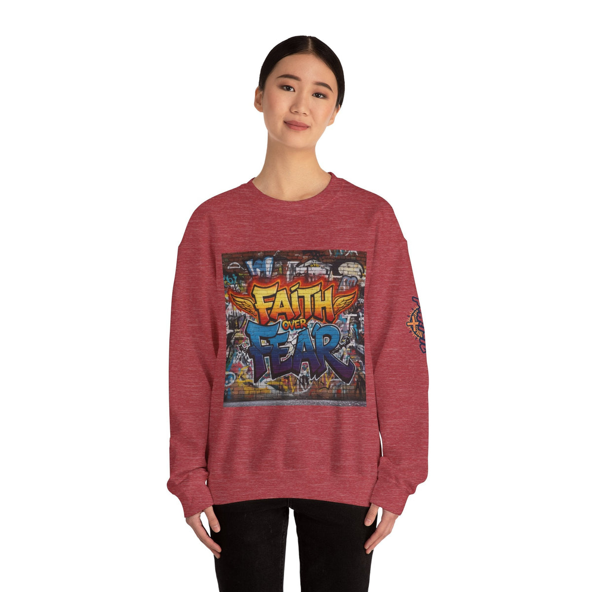 Faith Over Fear Sweatshirt – Graffiti Wall Christian Sweatshirt for Bold 2 Corinthians 5:7 Streetwear & Unshakable Faith Printify