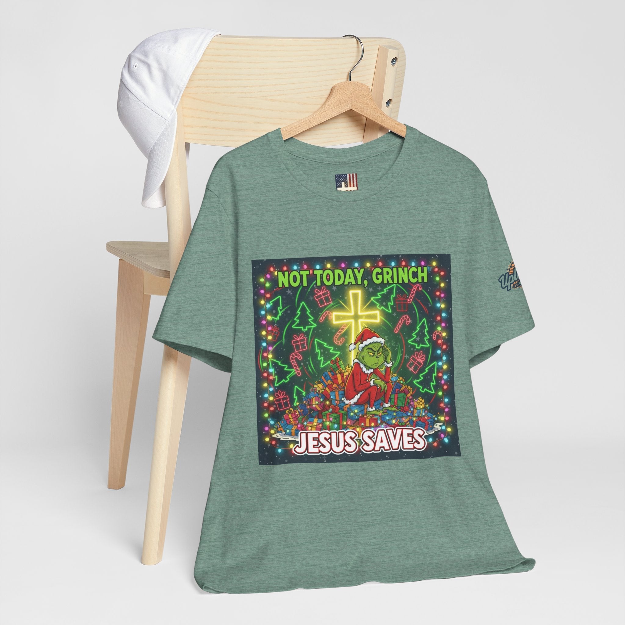 🎄 Not Today, Grinch – Jesus Saves | Funny Christian Christmas T-Shirt | Festive Green & Red Cartoon Style | Bold Faith Holiday Tee by Uplifted Gear Printify